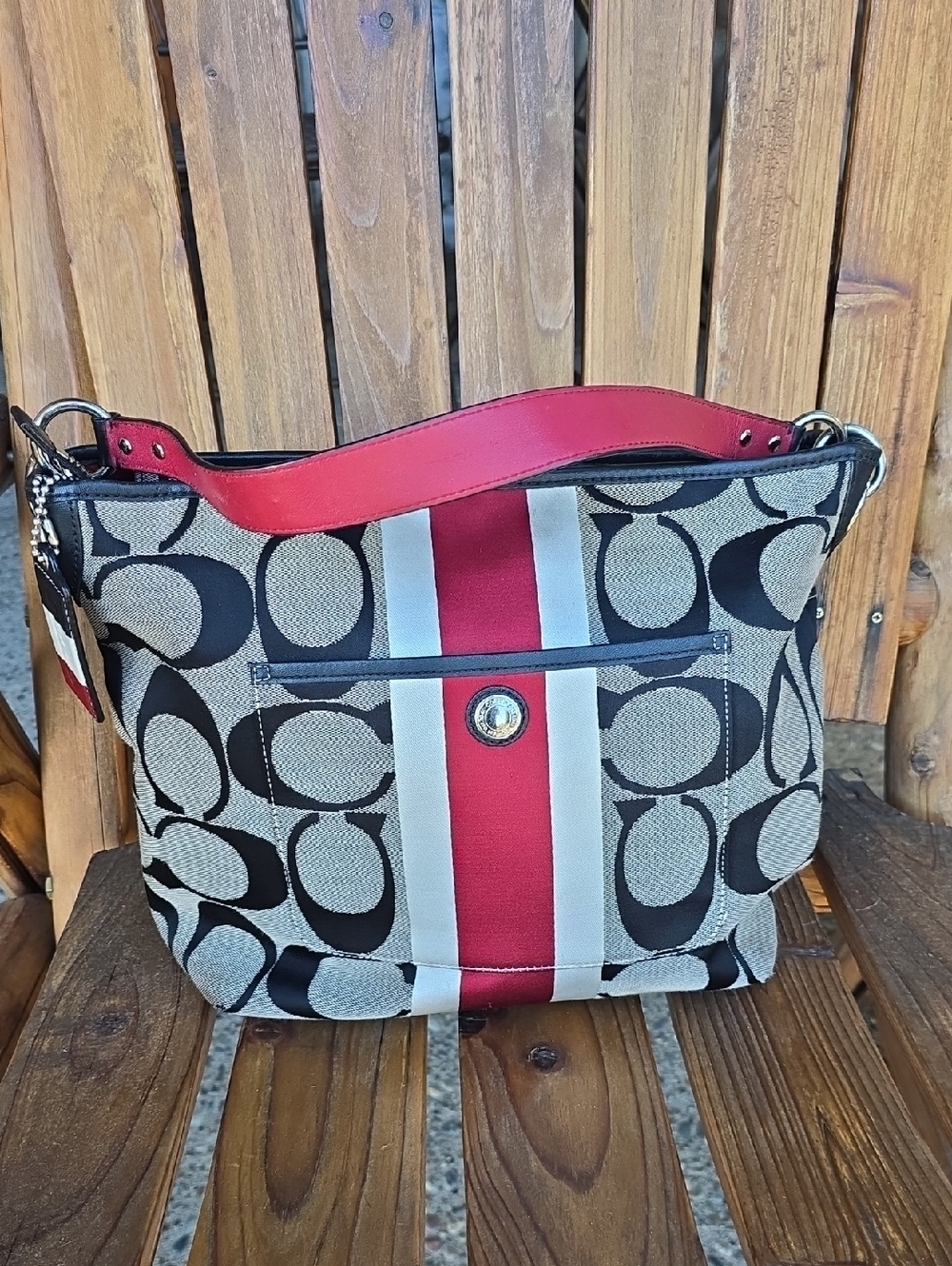 Coach Canvas Shoulder Bag in Red, Tan, Cream & Black. 14'W × 11' Tall. - Picture 16 of 16
